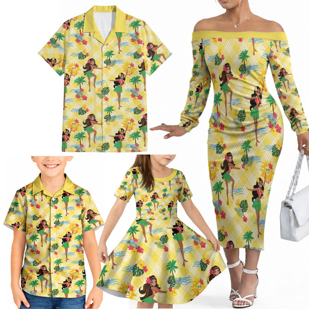 Hawaii Hula Girl Tropical Family Matching Off The Shoulder Long Sleeve Dress and Hawaiian Shirt Yellow Palaka LT01 - Polynesian Pride