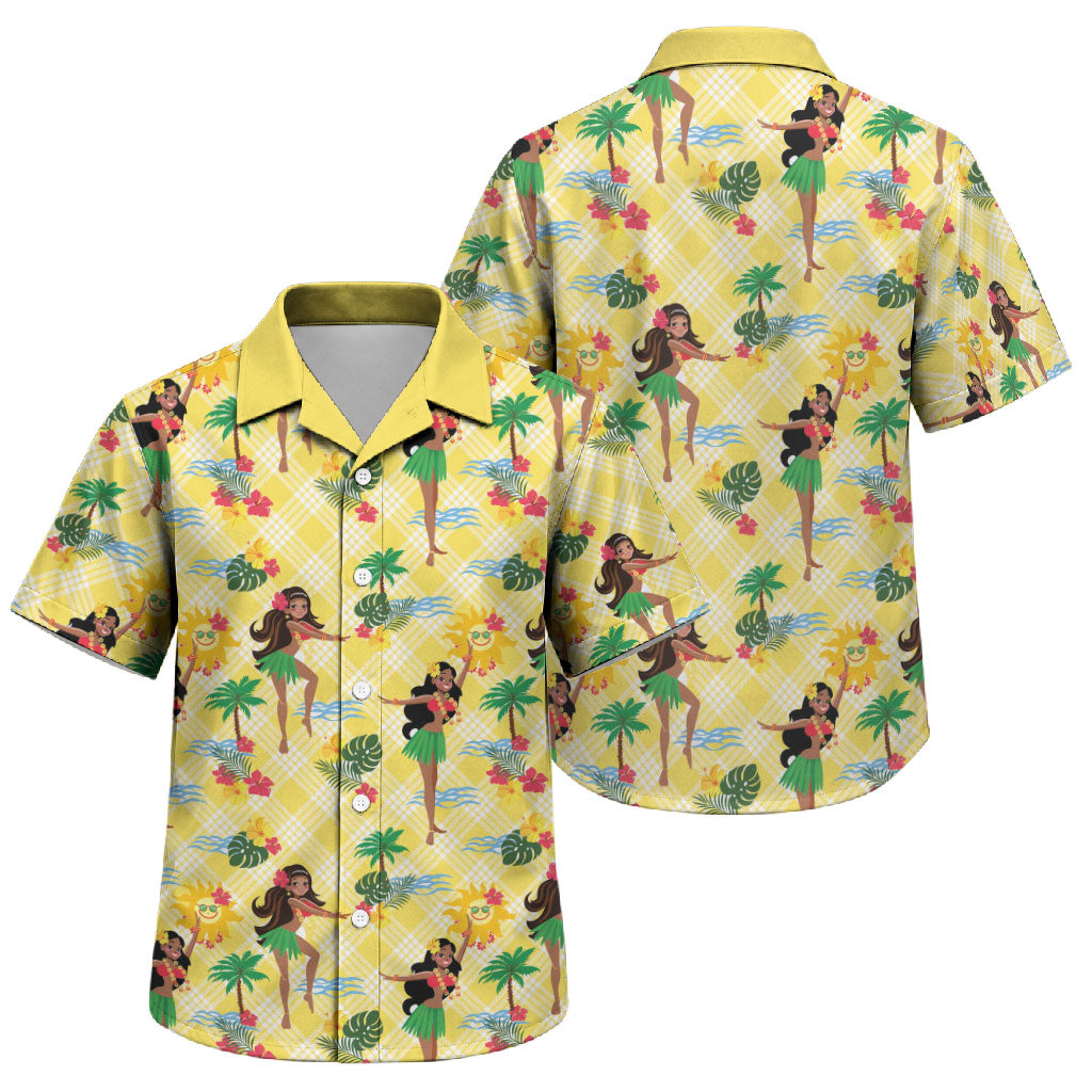 Hawaii Hula Girl Tropical Family Matching Off The Shoulder Long Sleeve Dress and Hawaiian Shirt Yellow Palaka