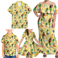Hawaii Hula Girl Tropical Family Matching Off Shoulder Maxi Dress and Hawaiian Shirt Yellow Palaka
