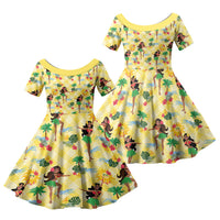 Hawaii Hula Girl Tropical Family Matching Off Shoulder Maxi Dress and Hawaiian Shirt Yellow Palaka