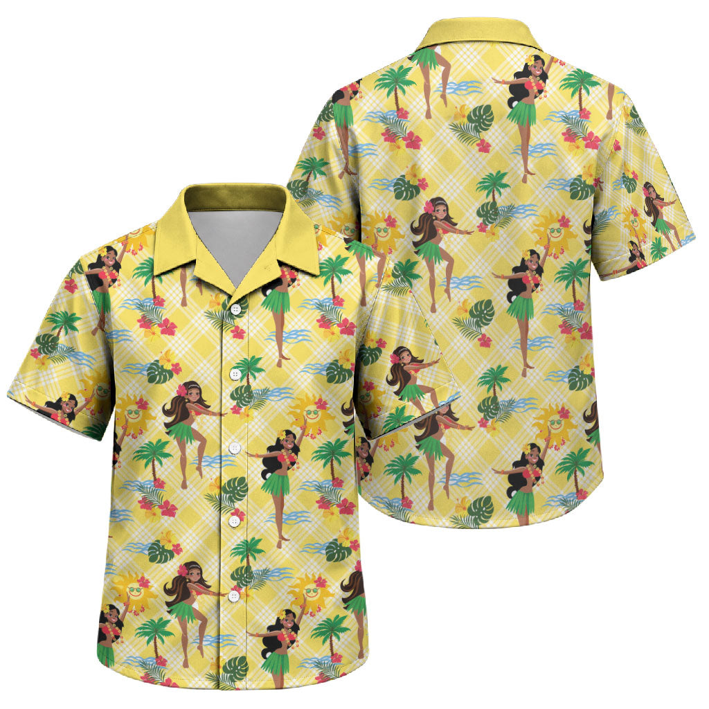 Hawaii Hula Girl Tropical Family Matching Off Shoulder Maxi Dress and Hawaiian Shirt Yellow Palaka