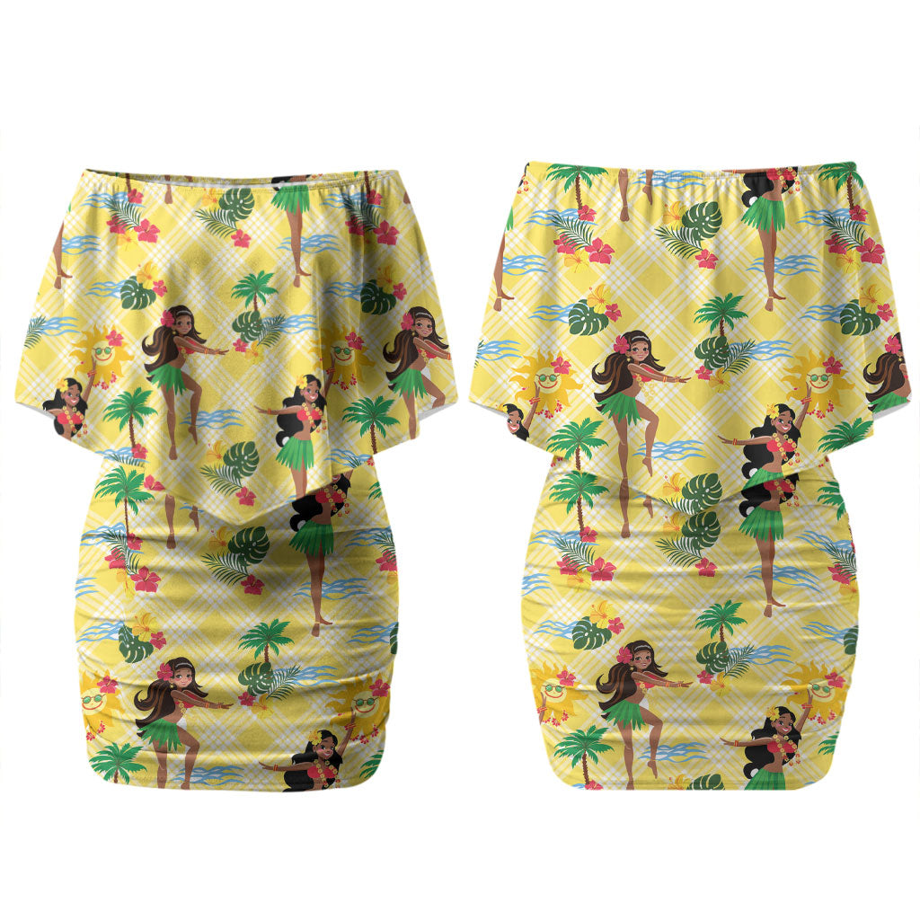 Hawaii Hula Girl Tropical Family Matching Off Shoulder Short Dress and Hawaiian Shirt Yellow Palaka