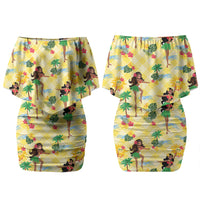 Hawaii Hula Girl Tropical Family Matching Off Shoulder Short Dress and Hawaiian Shirt Yellow Palaka