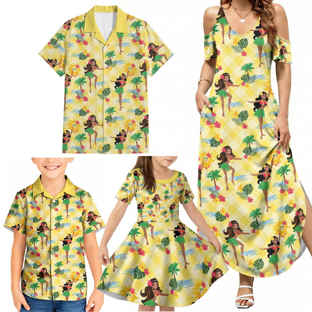 Hawaii Hula Girl Tropical Family Matching Summer Maxi Dress and Hawaiian Shirt Yellow Palaka LT01 - Polynesian Pride