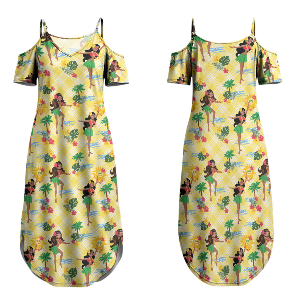 Hawaii Hula Girl Tropical Family Matching Summer Maxi Dress and Hawaiian Shirt Yellow Palaka