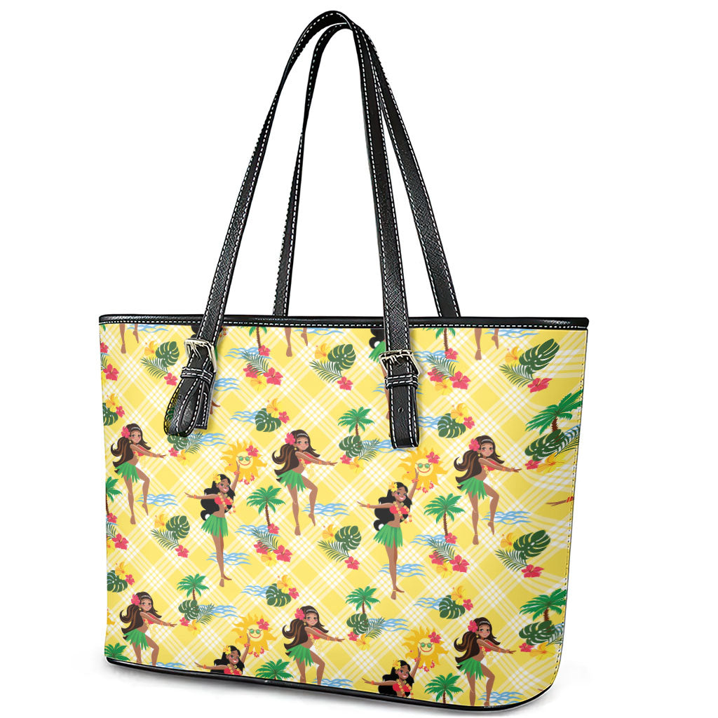 Hawaii Hula Girl Tropical Leather Tote Bag Yellow Palaka