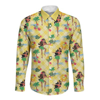 Hawaii Hula Girl Tropical Long Sleeve Button Shirt Yellow Palaka