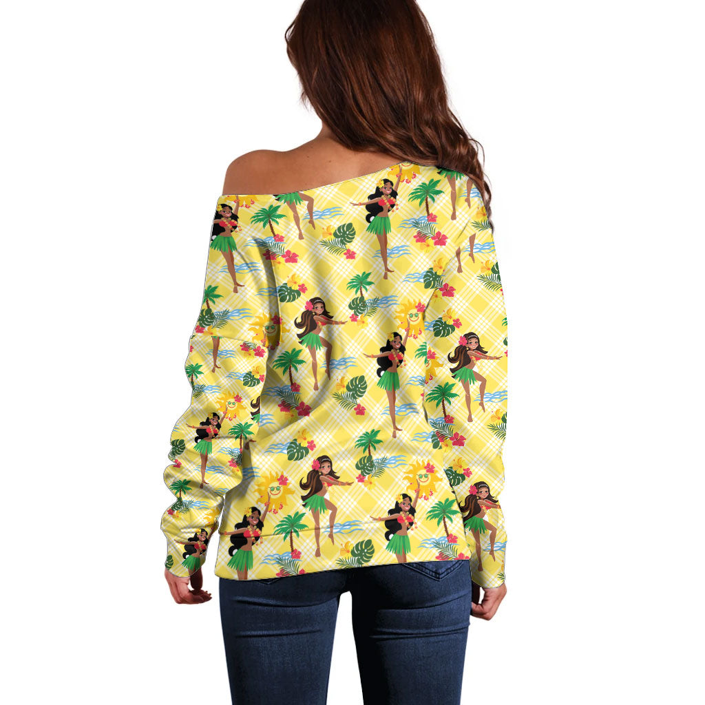Hawaii Hula Girl Tropical Off Shoulder Sweater Yellow Palaka