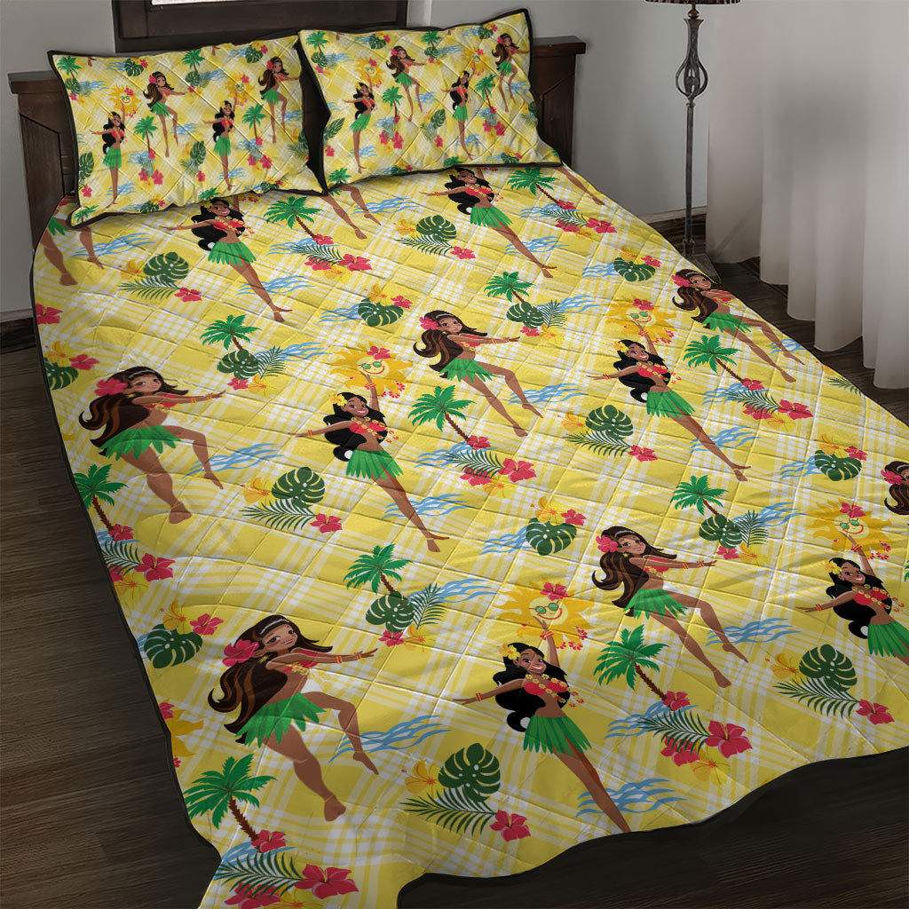 Hawaii Hula Girl Tropical Quilt Bed Set Yellow Palaka