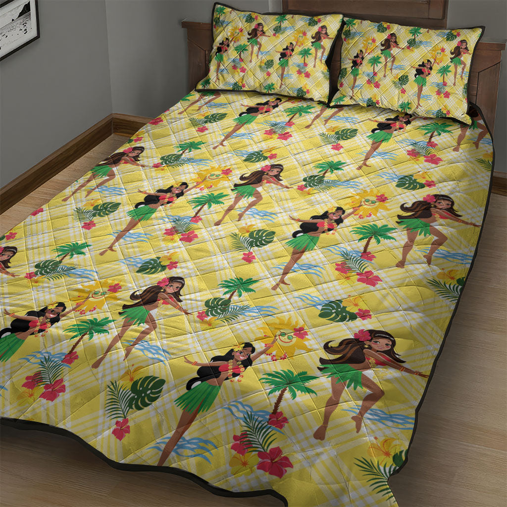 Hawaii Hula Girl Tropical Quilt Bed Set Yellow Palaka