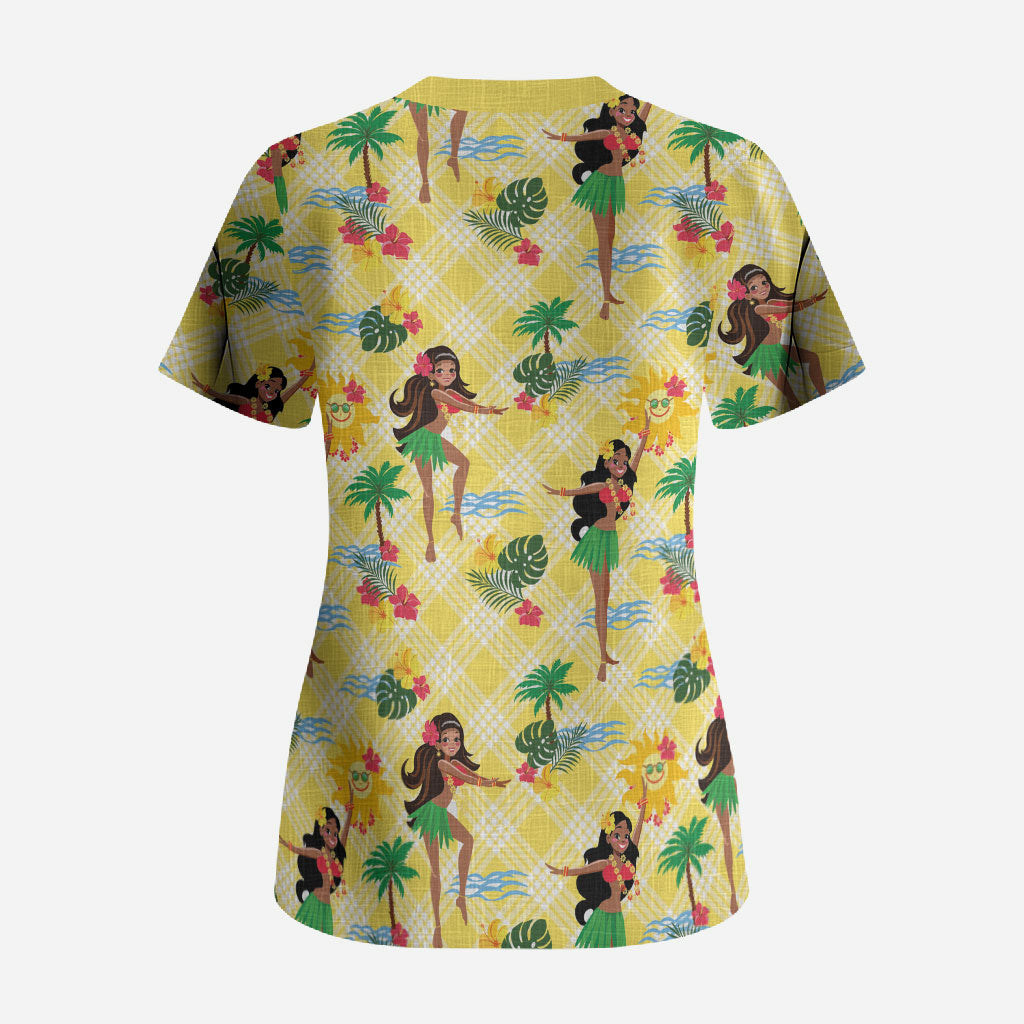 Hawaii Hula Girl Tropical Scrub Top Yellow Palaka