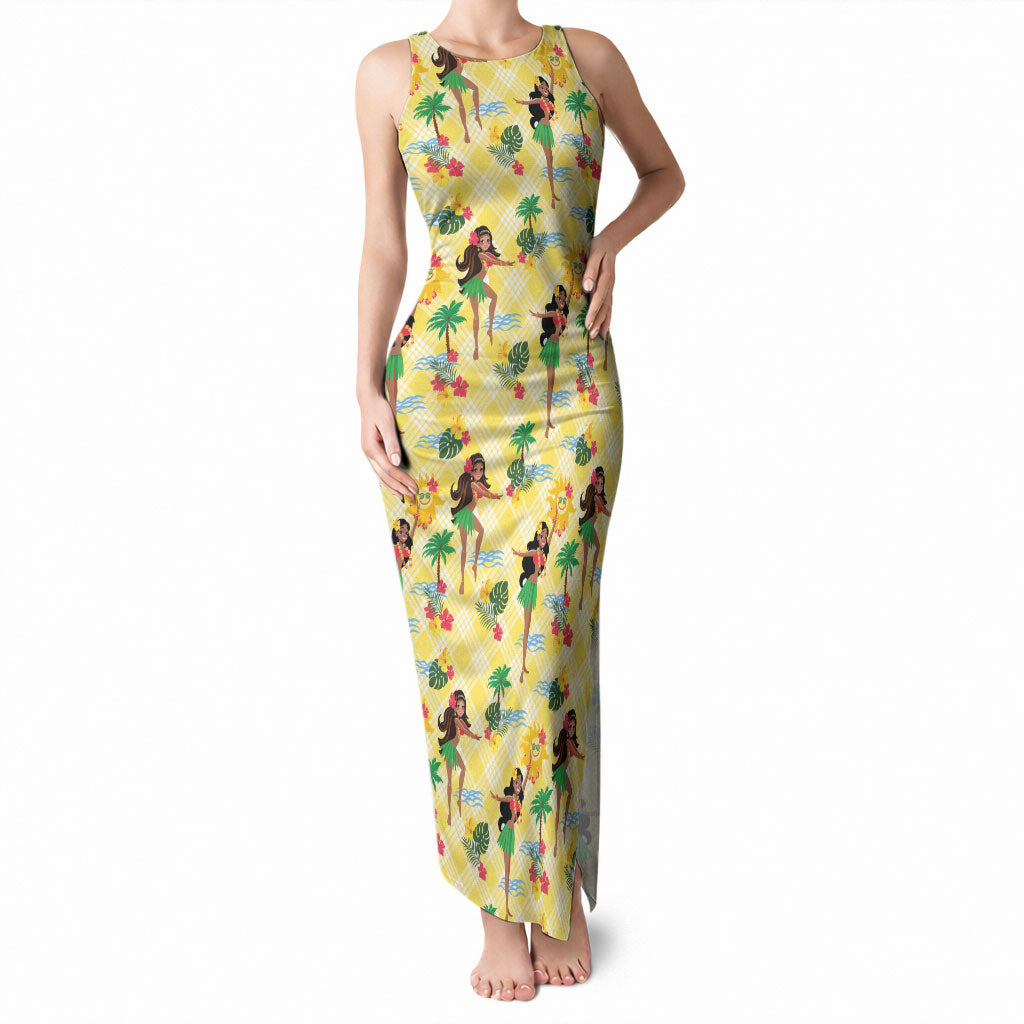Hawaii Hula Girl Tropical Tank Maxi Dress Yellow Palaka