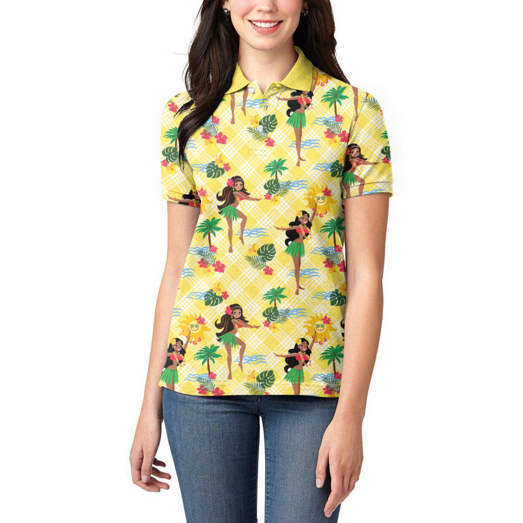 Hawaii Hula Girl Tropical Women Polo Shirt Yellow Palaka