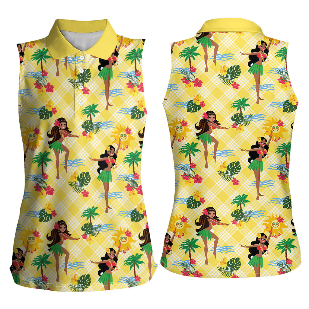 Hawaii Hula Girl Tropical Women Sleeveless Polo Shirt Yellow Palaka