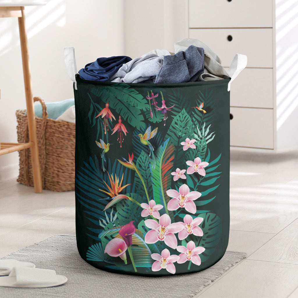 Hawaii Hummingbird Tropical Flowers Laundry Basket Dark Green LT01 Green - Polynesian Pride