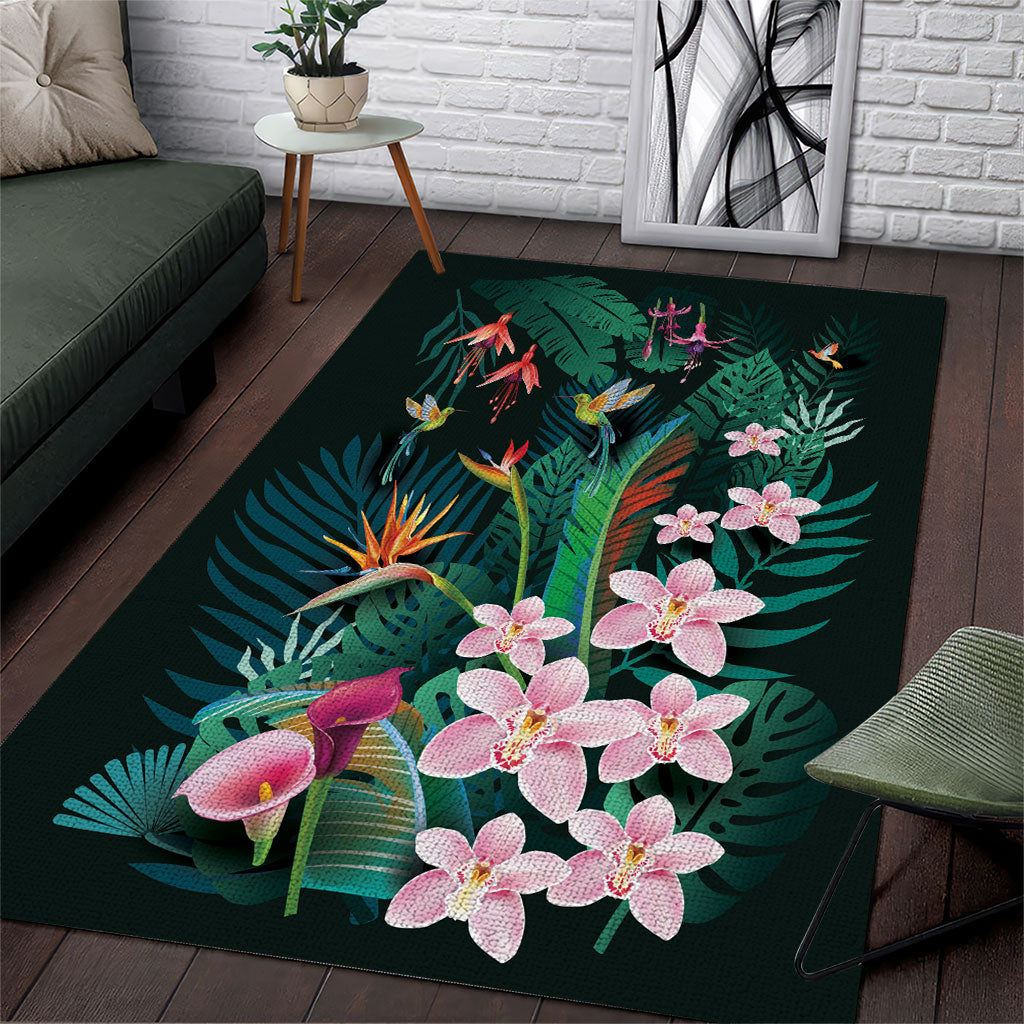 Hawaii Hummingbird Tropical Flowers Area Rug Dark Green LT01 Green - Polynesian Pride