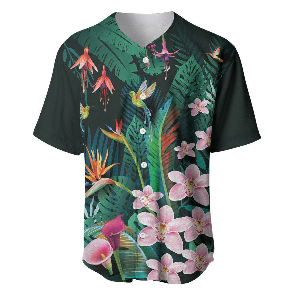 Hawaii Hummingbird Tropical Flowers Baseball Jersey Dark Green LT01 Green - Polynesian Pride