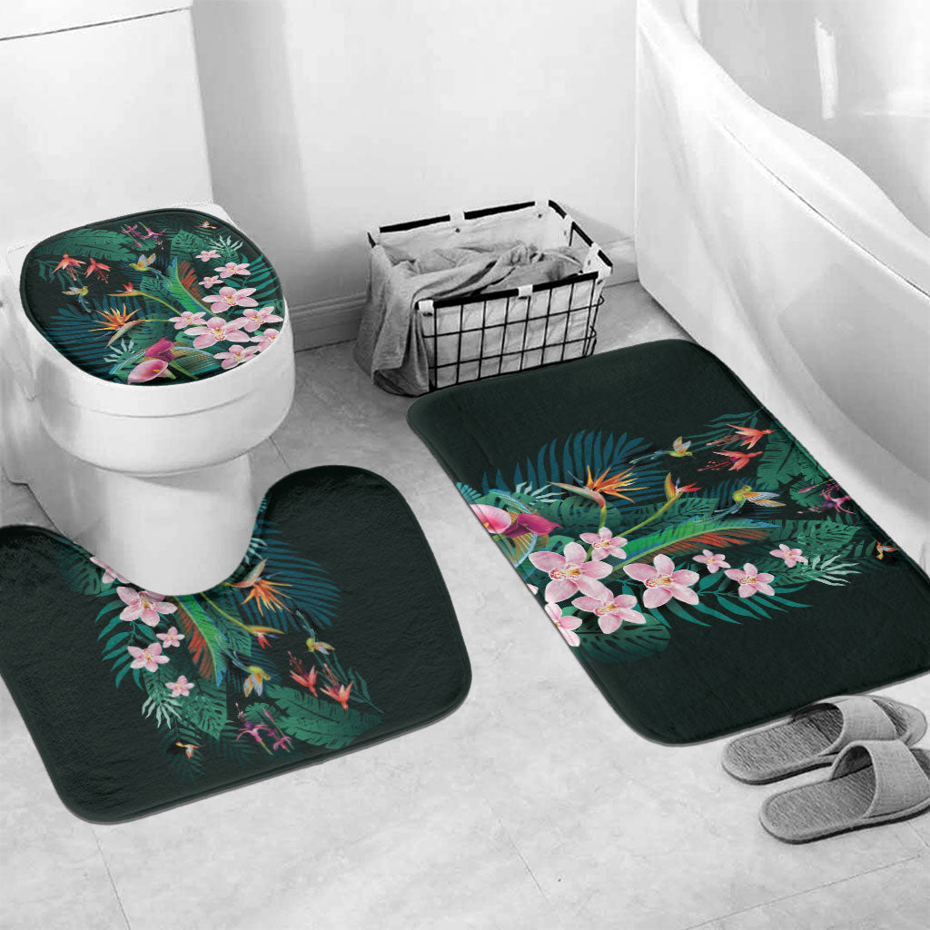 Hawaii Hummingbird Tropical Flowers Bathroom Set Dark Green