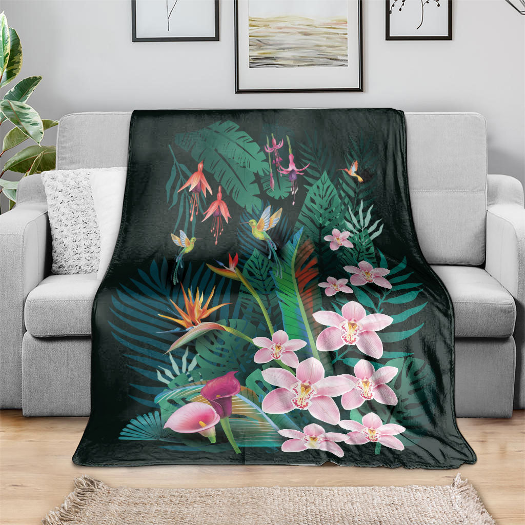 Hawaii Hummingbird Tropical Flowers Blanket Dark Green
