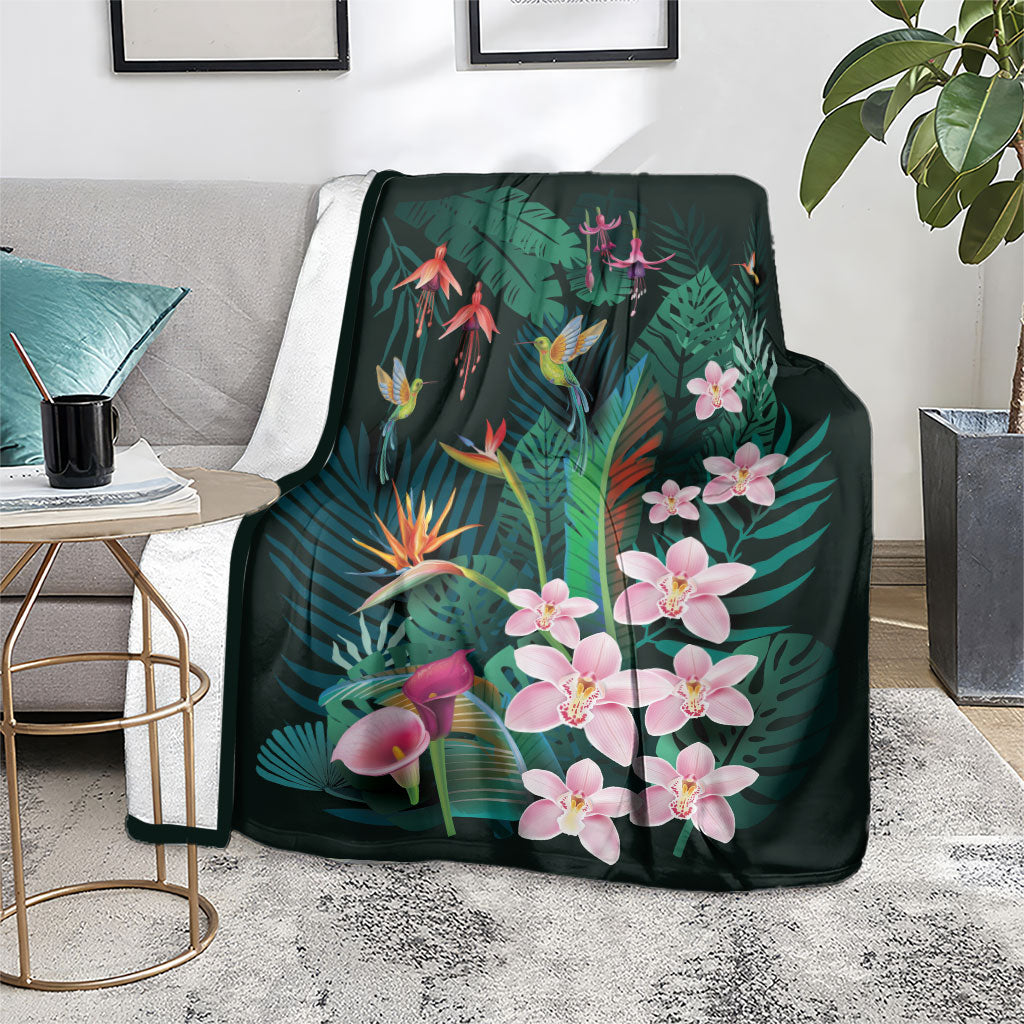 Hawaii Hummingbird Tropical Flowers Blanket Dark Green