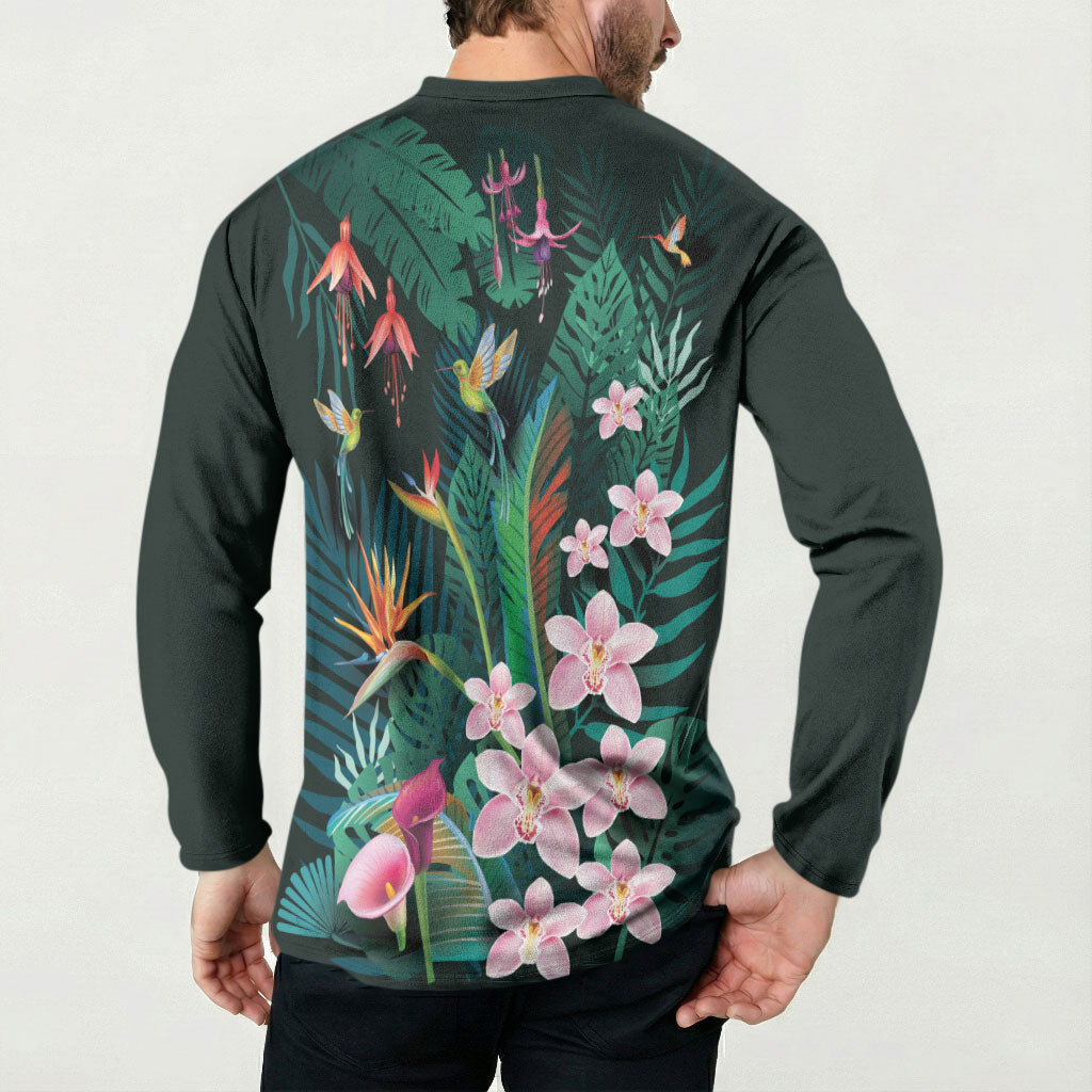 Hawaii Hummingbird Tropical Flowers Button Sweatshirt Dark Green