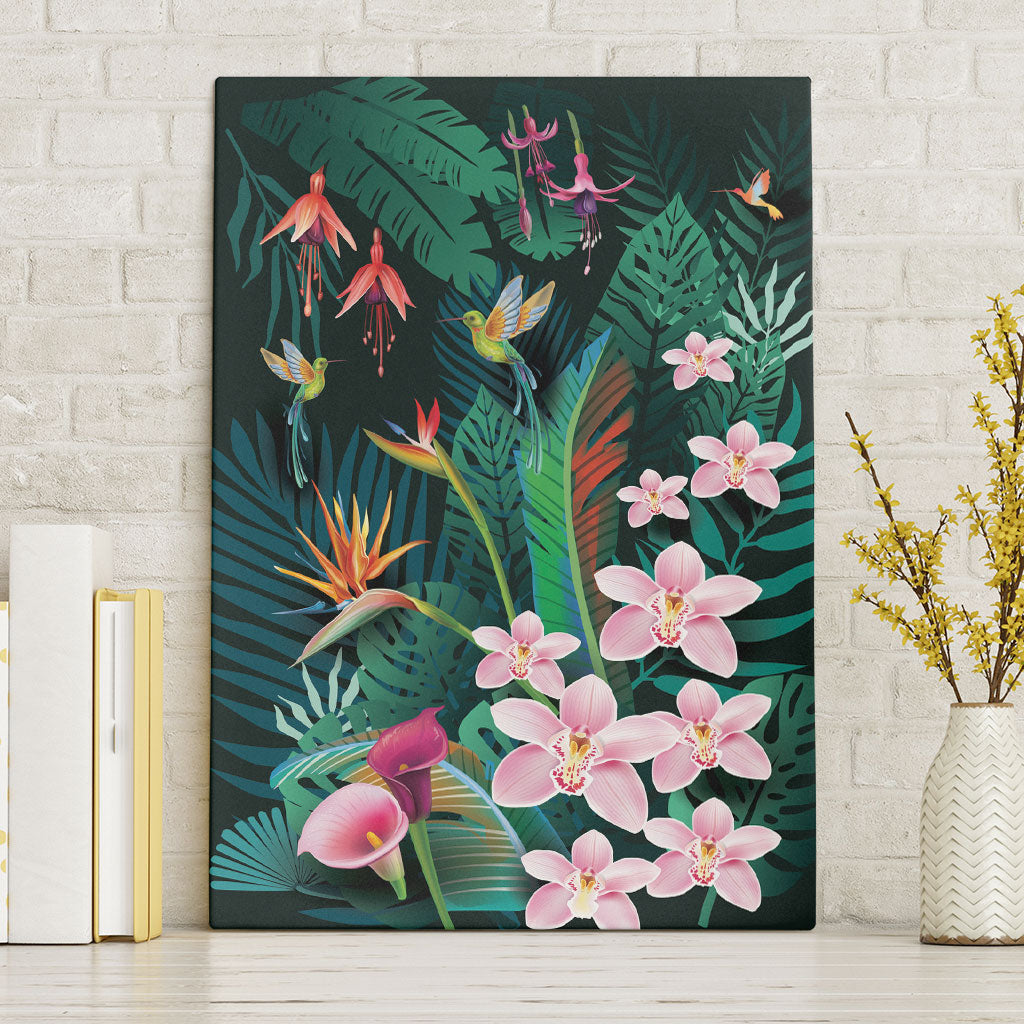 Hawaii Hummingbird Tropical Flowers Canvas Wall Art Dark Green