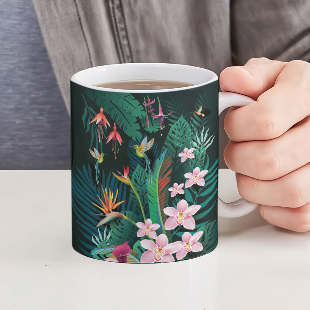 Hawaii Hummingbird Tropical Flowers Ceramic Mug Dark Green