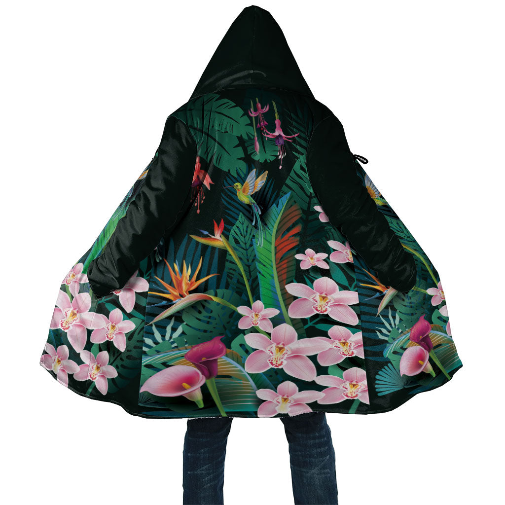 Hawaii Hummingbird Tropical Flowers Cloak Dark Green