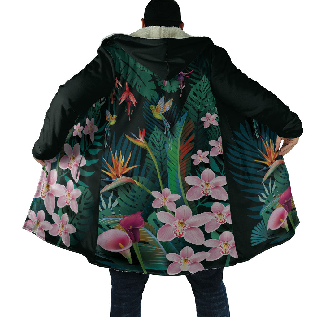 Hawaii Hummingbird Tropical Flowers Cloak Dark Green