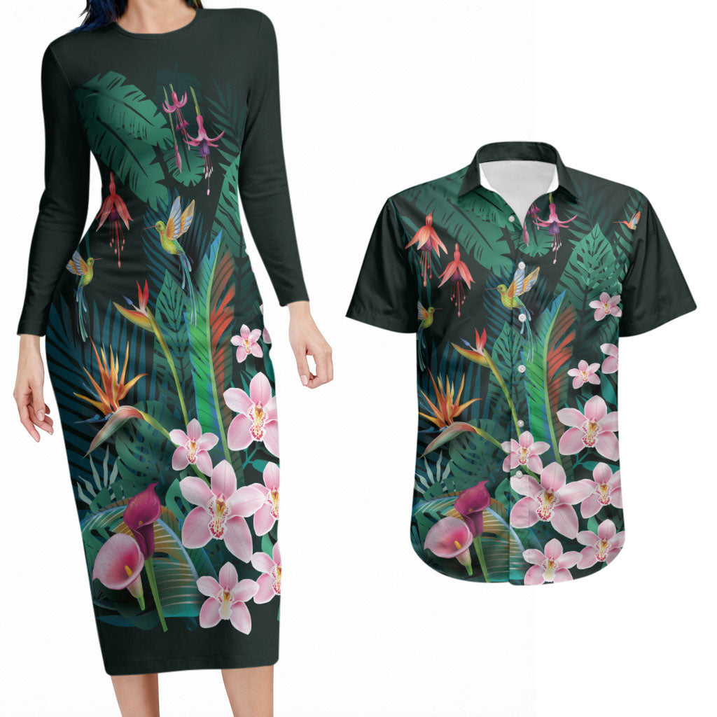 Hawaii Hummingbird Tropical Flowers Couples Matching Long Sleeve Bodycon Dress and Hawaiian Shirt Dark Green