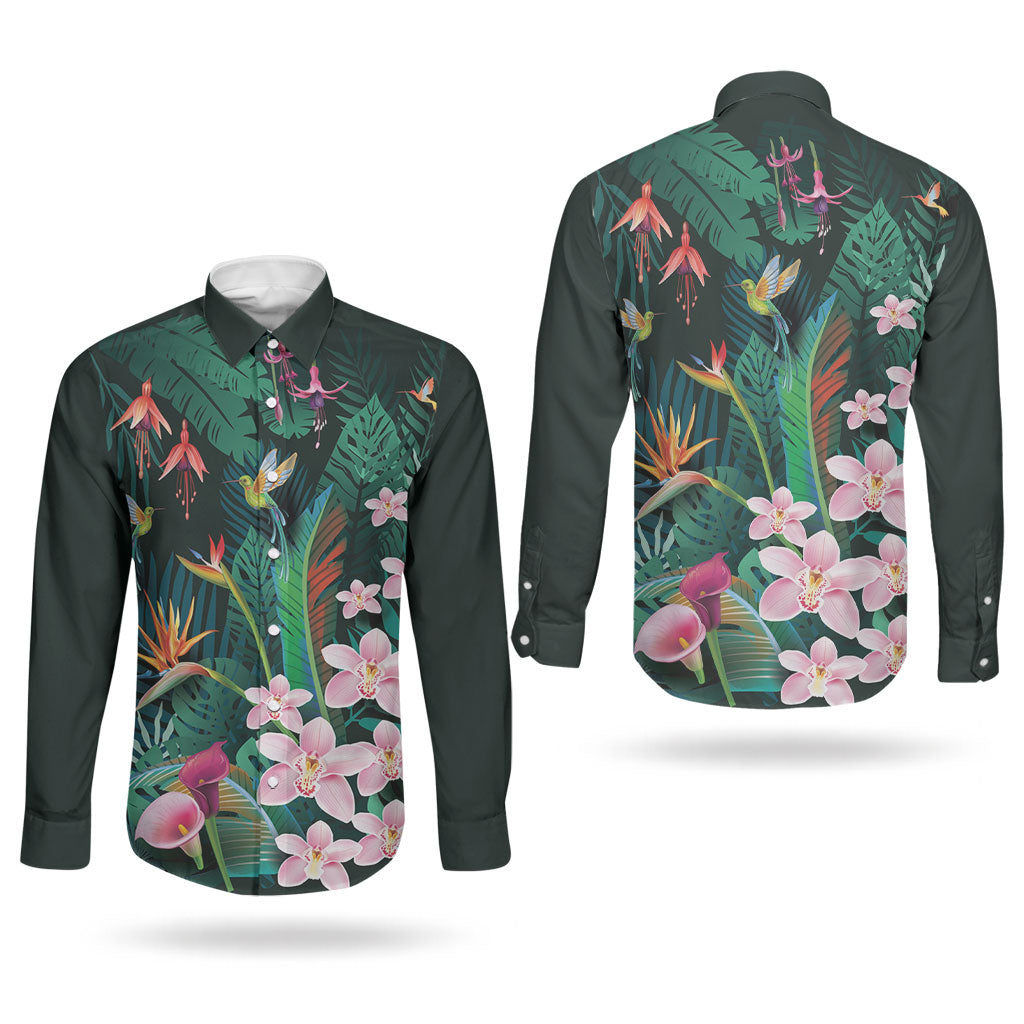 Hawaii Hummingbird Tropical Flowers Couples Matching Off Shoulder Short Dress and Long Sleeve Button Shirt Dark Green