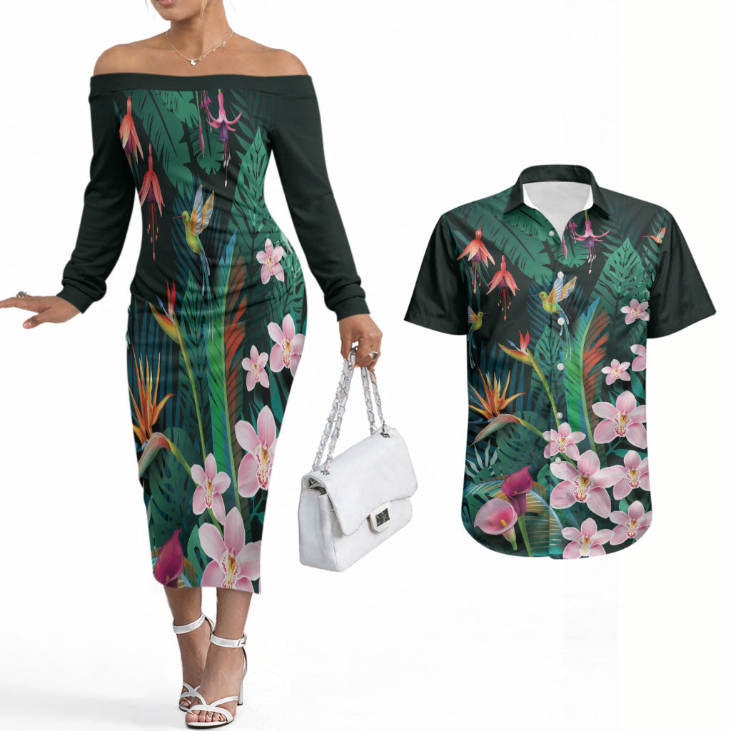 Hawaii Hummingbird Tropical Flowers Couples Matching Off The Shoulder Long Sleeve Dress and Hawaiian Shirt Dark Green LT01 Green - Polynesian Pride