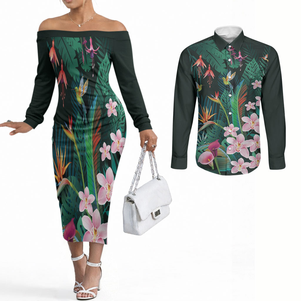 Hawaii Hummingbird Tropical Flowers Couples Matching Off The Shoulder Long Sleeve Dress and Long Sleeve Button Shirt Dark Green