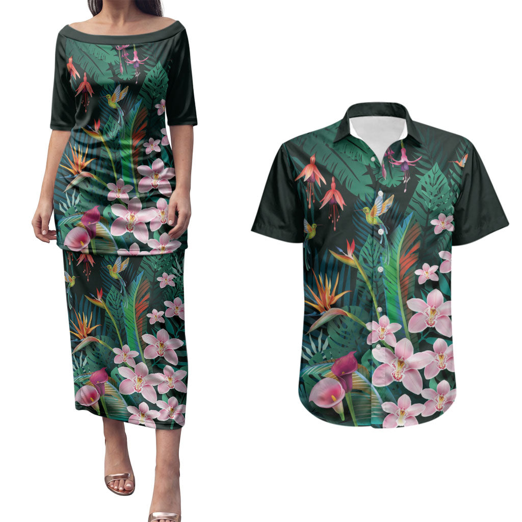 Hawaii Hummingbird Tropical Flowers Couples Matching Puletasi and Hawaiian Shirt Dark Green LT01 Green - Polynesian Pride