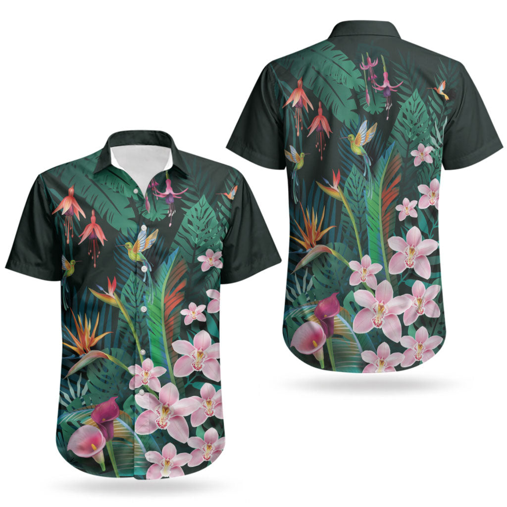 Hawaii Hummingbird Tropical Flowers Couples Matching Puletasi and Hawaiian Shirt Dark Green