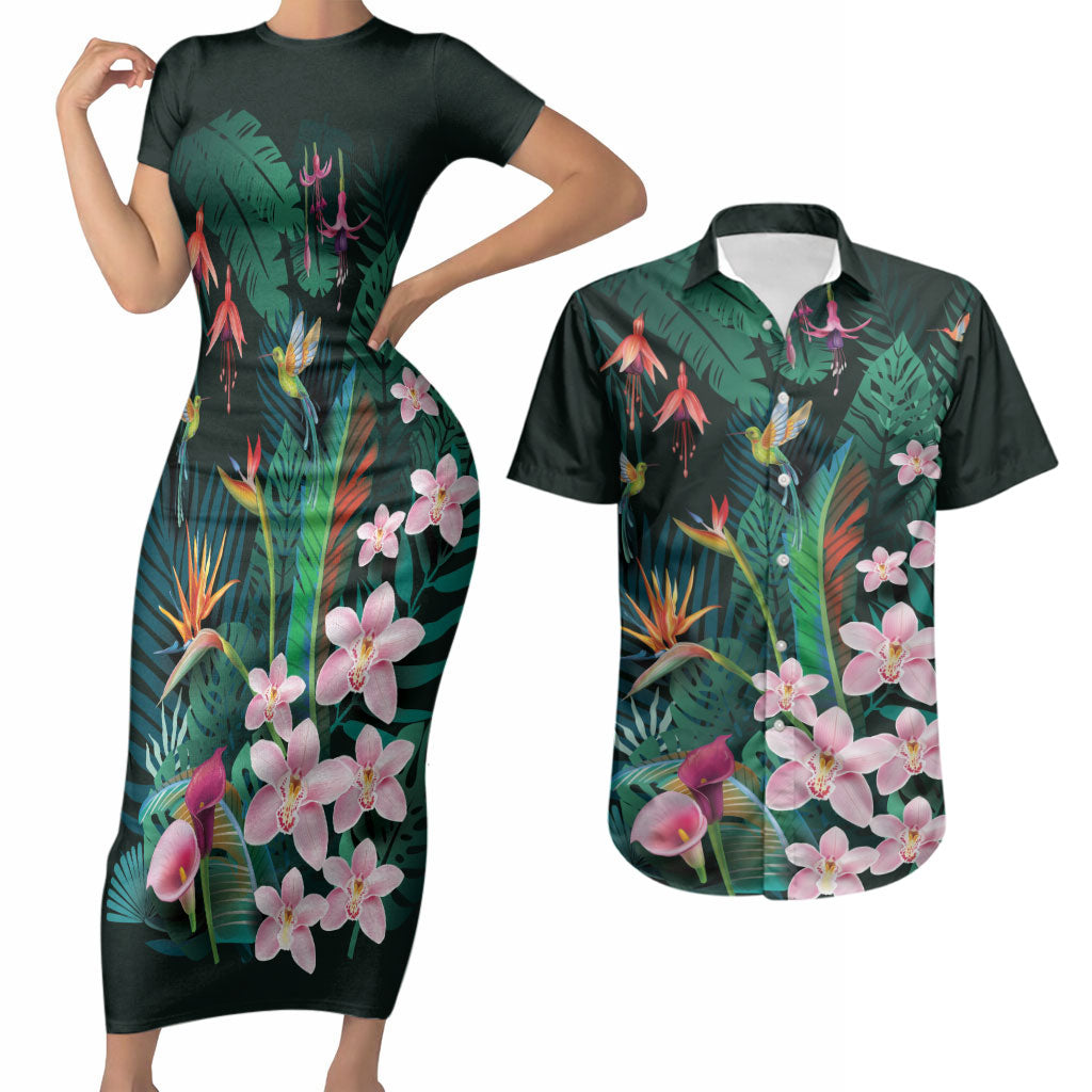 Hawaii Hummingbird Tropical Flowers Couples Matching Short Sleeve Bodycon Dress and Hawaiian Shirt Dark Green