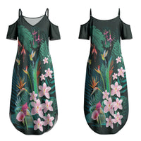 Hawaii Hummingbird Tropical Flowers Couples Matching Summer Maxi Dress and Long Sleeve Button Shirt Dark Green