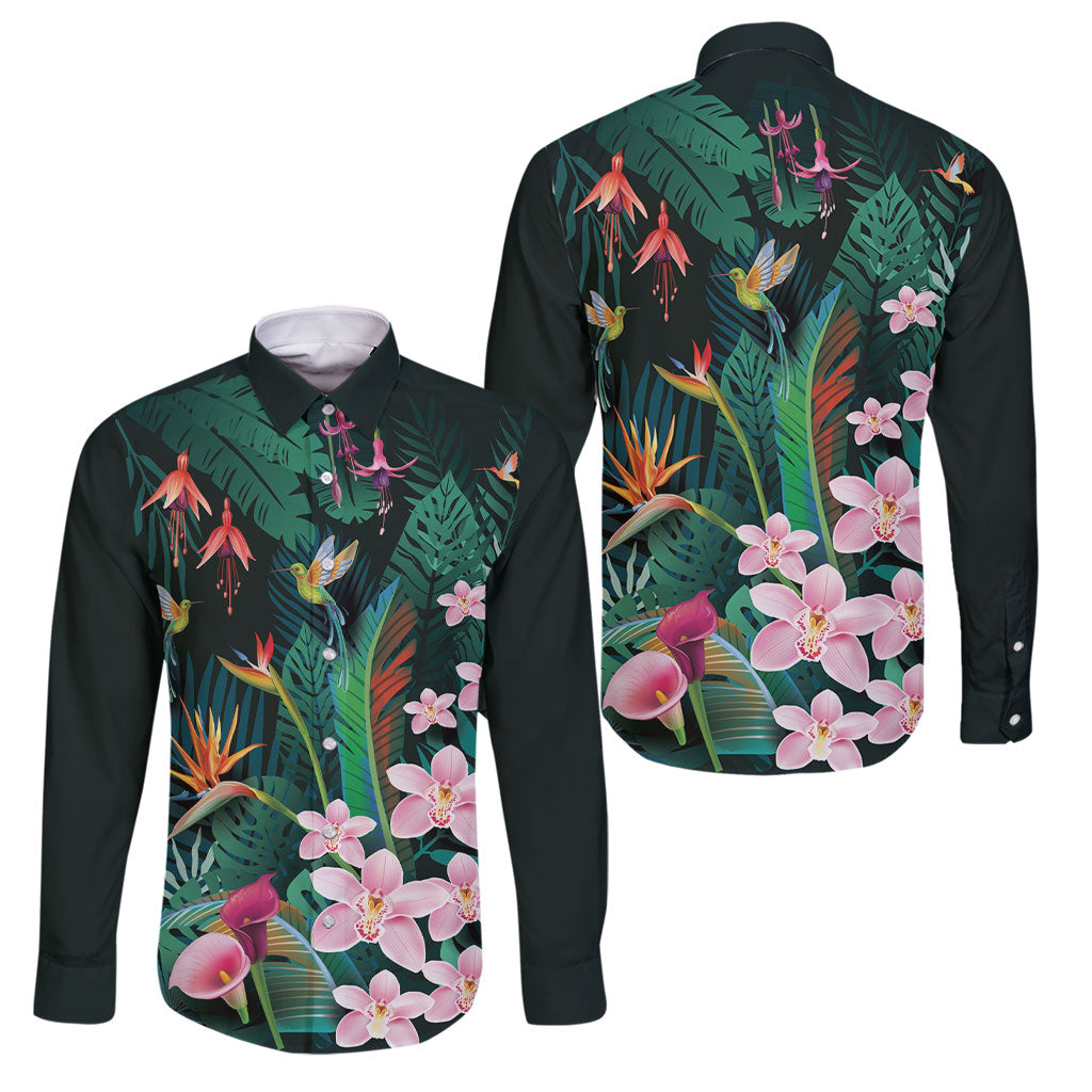 Hawaii Hummingbird Tropical Flowers Family Matching Mermaid Dress and Hawaiian Shirt Dark Green LT01 Dad's Shirt - Long Sleeve Green - Polynesian Pride