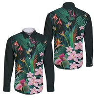 Hawaii Hummingbird Tropical Flowers Family Matching Mermaid Dress and Hawaiian Shirt Dark Green LT01 Dad's Shirt - Long Sleeve Green - Polynesian Pride