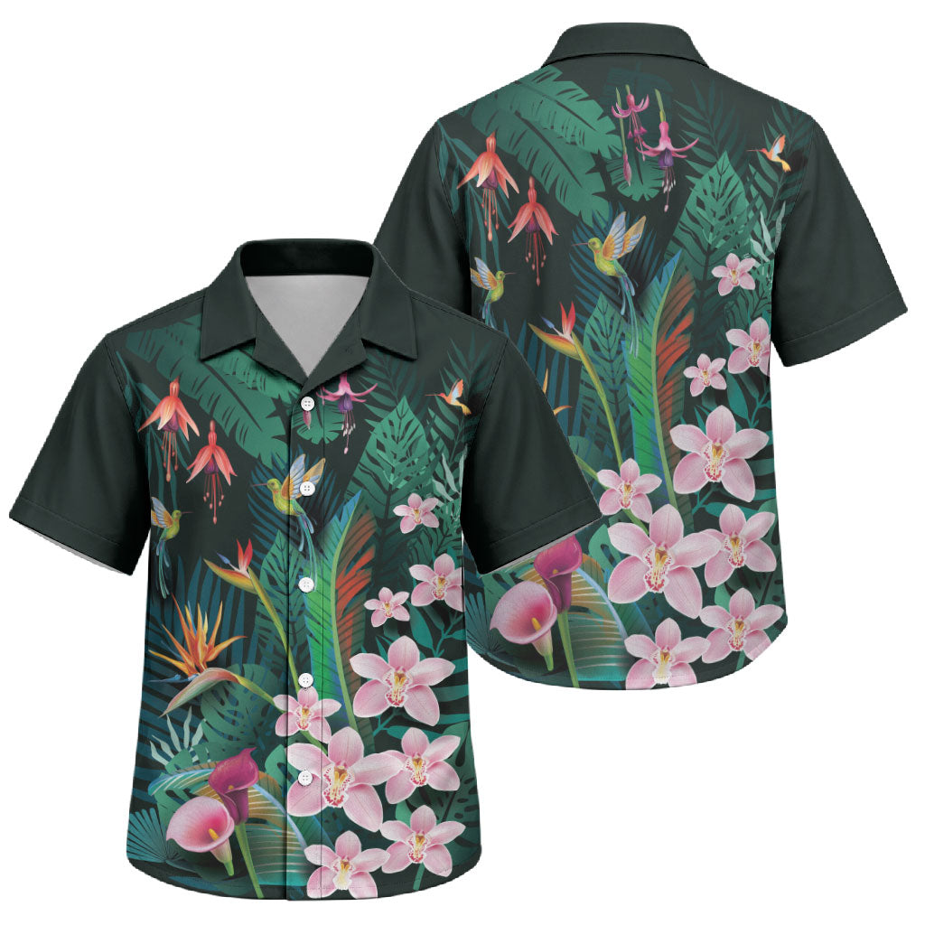 Hawaii Hummingbird Tropical Flowers Family Matching Mermaid Dress and Hawaiian Shirt Dark Green LT01 Son's Shirt Green - Polynesian Pride