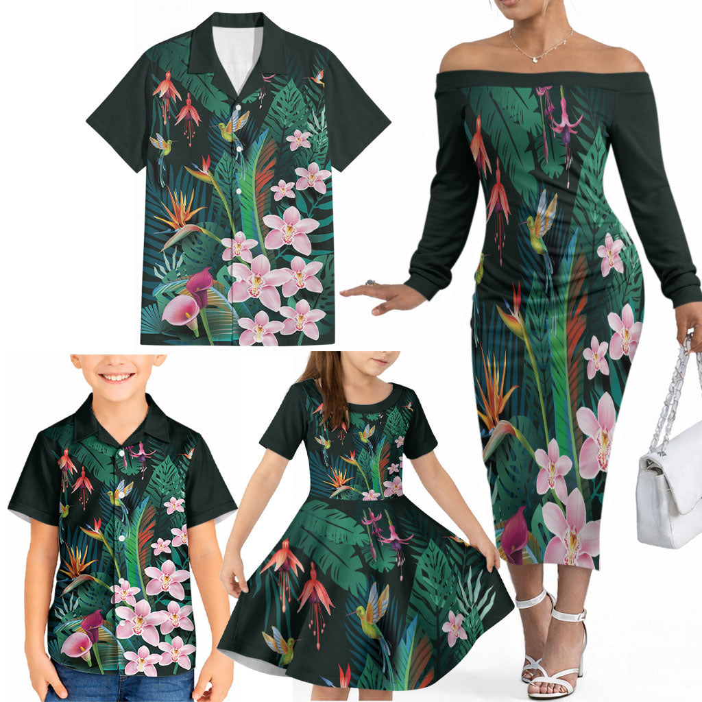 Hawaii Hummingbird Tropical Flowers Family Matching Off The Shoulder Long Sleeve Dress and Hawaiian Shirt Dark Green LT01 - Polynesian Pride