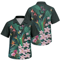 Hawaii Hummingbird Tropical Flowers Family Matching Off The Shoulder Long Sleeve Dress and Hawaiian Shirt Dark Green
