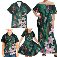 Hawaii Hummingbird Tropical Flowers Family Matching Off Shoulder Maxi Dress and Hawaiian Shirt Dark Green