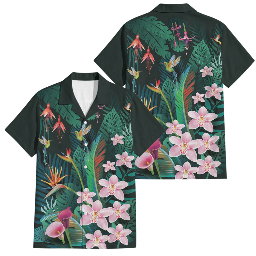 Hawaii Hummingbird Tropical Flowers Family Matching Off Shoulder Short Dress and Hawaiian Shirt Dark Green LT01 Dad's Shirt - Short Sleeve Green - Polynesian Pride