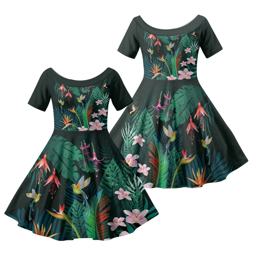 Hawaii Hummingbird Tropical Flowers Family Matching Off Shoulder Short Dress and Hawaiian Shirt Dark Green LT01 Daughter's Dress Green - Polynesian Pride