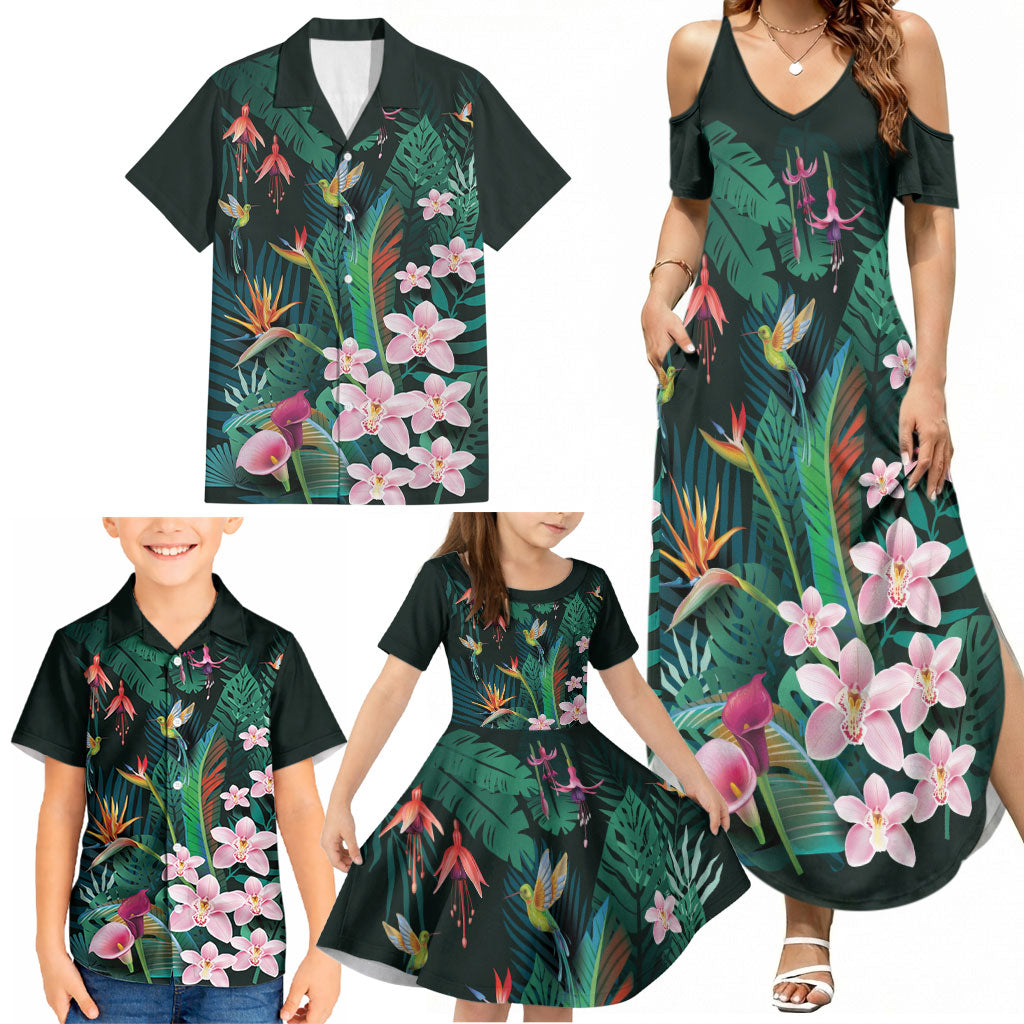Hawaii Hummingbird Tropical Flowers Family Matching Summer Maxi Dress and Hawaiian Shirt Dark Green LT01 - Polynesian Pride