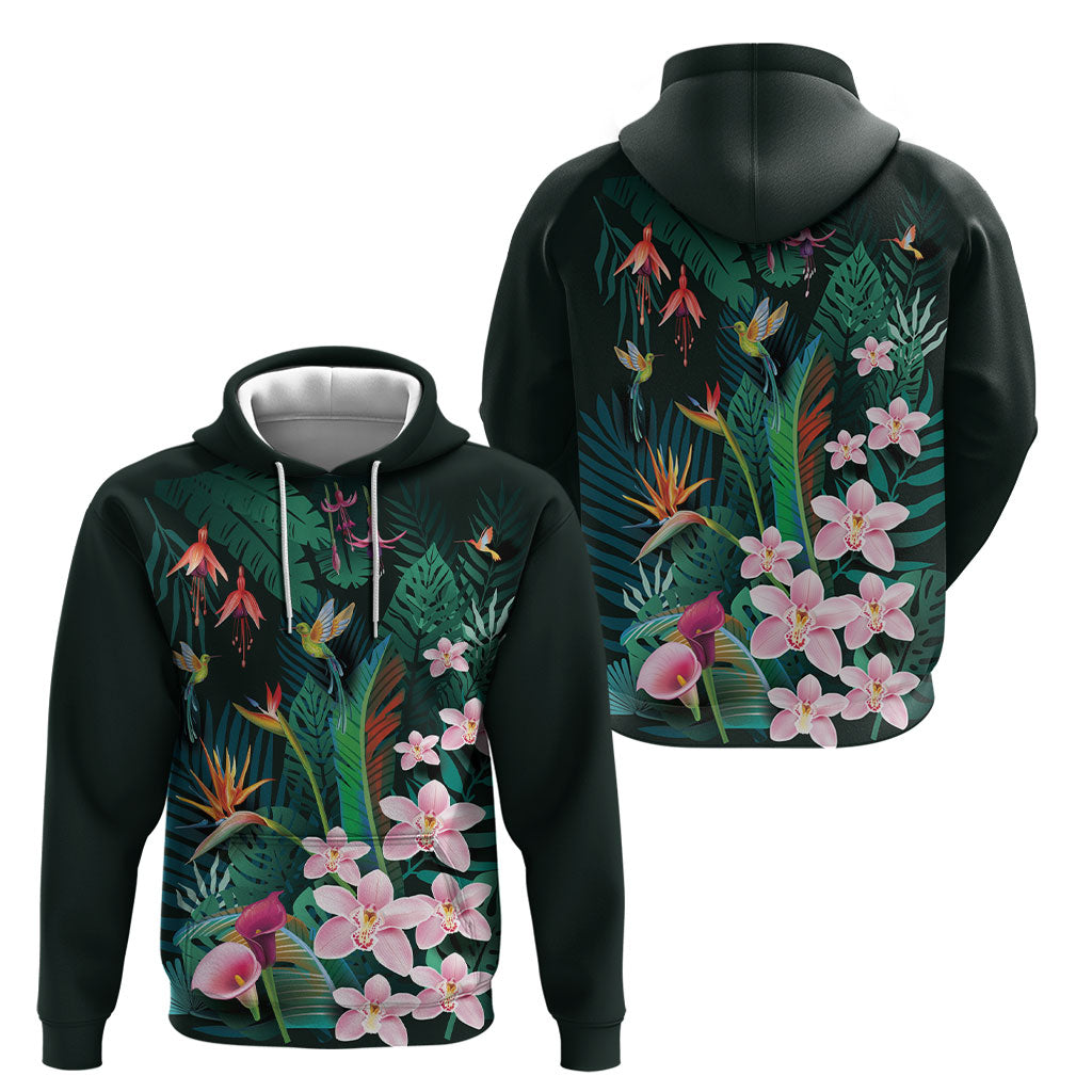 Hawaii Hummingbird Tropical Flowers Hoodie Dark Green