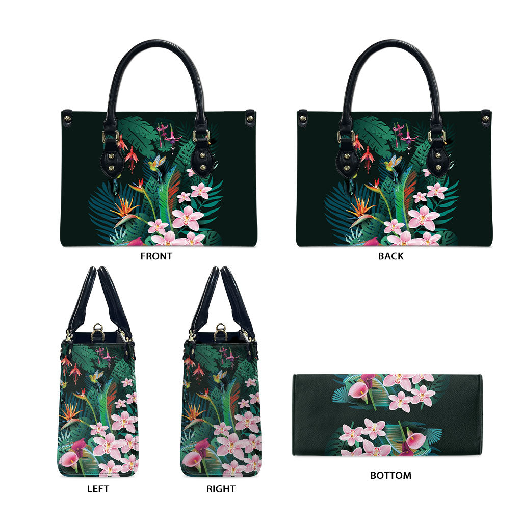 Hawaii Hummingbird Tropical Flowers Leather Bag Dark Green