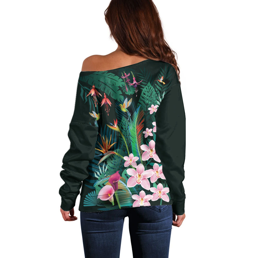 Hawaii Hummingbird Tropical Flowers Off Shoulder Sweater Dark Green