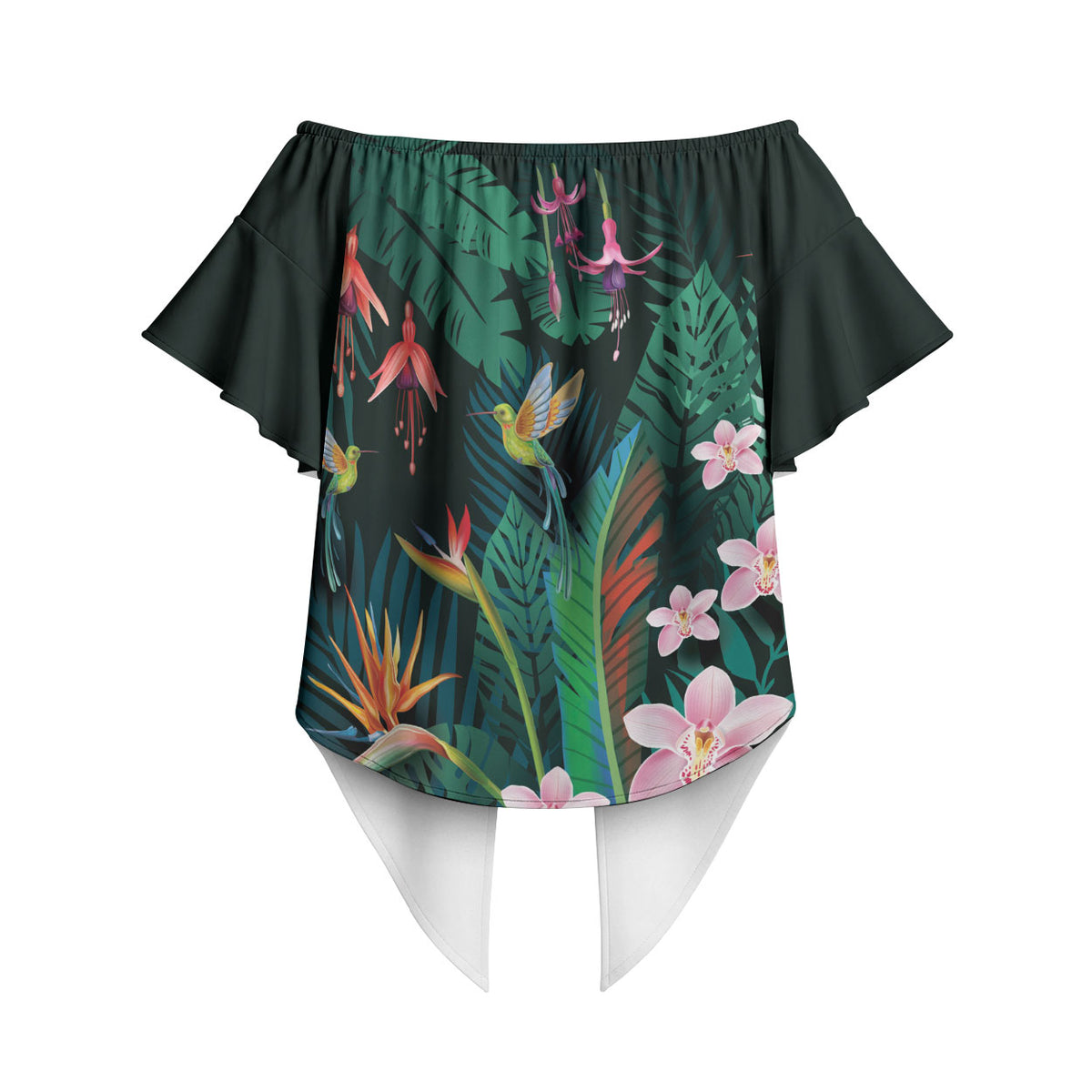 Hawaii Hummingbird Tropical Flowers Off Shoulder Wrap Waist Top Dark Green LT01 - Polynesian Pride